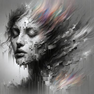 The primary subject of the image is a woman's face, which is the main focus of the image. The setting is a digital artwork, featuring a woman with a colorful background. The visual style is a combination of photo and digital art, creating a unique and artistic representation of the woman's face. The colors and mood of the image are vibrant and lively, with the woman's face being the central point of interest.